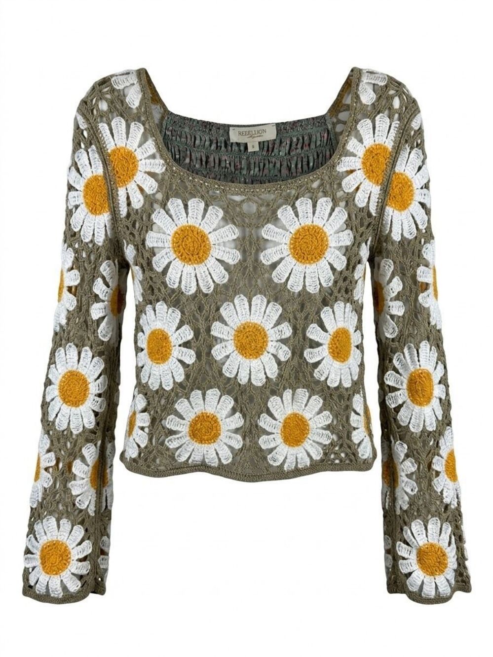 REBELLION Again Daisy Crochet Top Boho Sweater Sz S